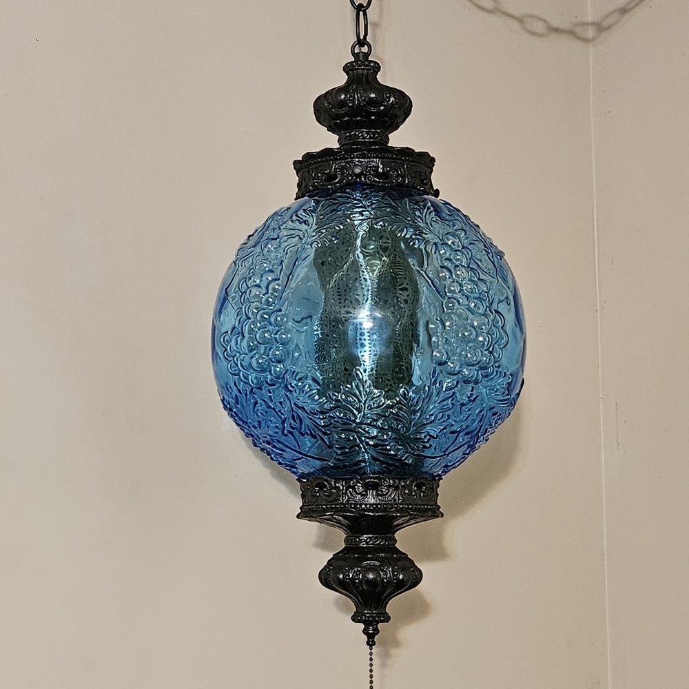 BLUE Glass Grape Design Vintage Antique Hanging Light Swag Lamp Retro Pull-Chain